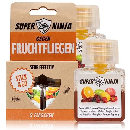 Super Ninja Fruchtfliegenfalle - Standard Pack - 2 Fallen - Hochwirksame Ökologische Fruchtfliegenfalle für Küche und Innenraum - Obstfliegenfalle - Bis zu 3 Wochen  